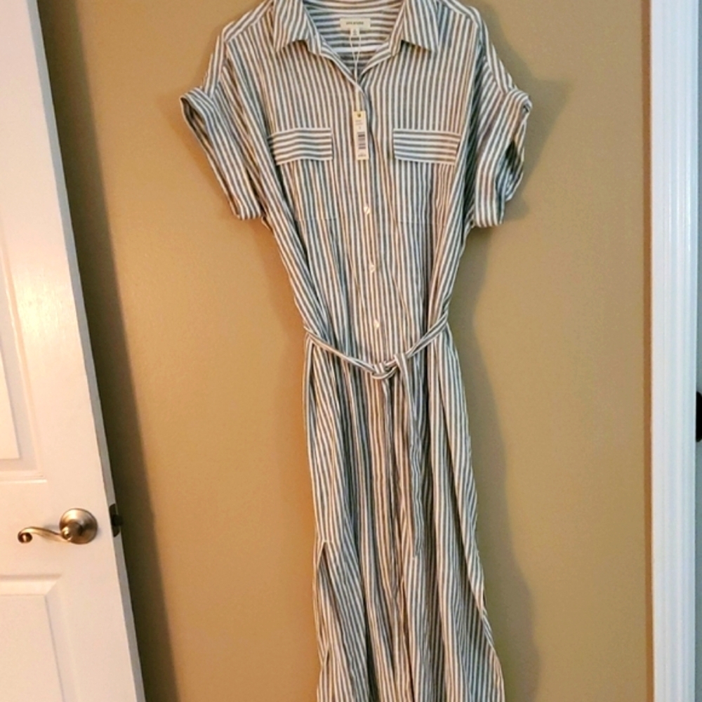 Max Studio Blue and White Striped Maxi Shirt Dress